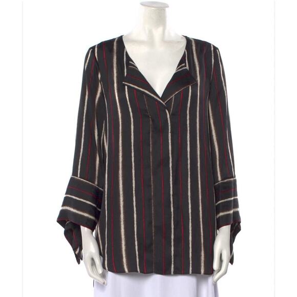 H by Halston Blouse Black Striped V Neck Long Sleeve Flare Cuffs Size XL Silky - Picture 4 of 4